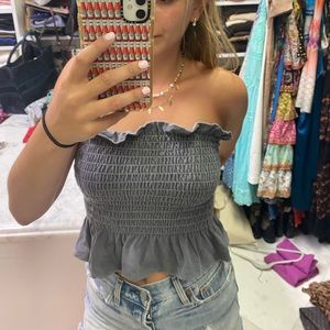 Strapless gray ruffle crop top